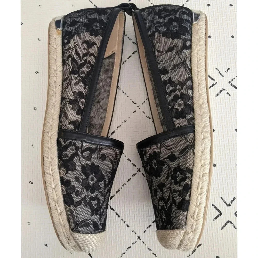 Stuart Weitzman Meshuga Black Lace Espadrille Flats 9N Narrow